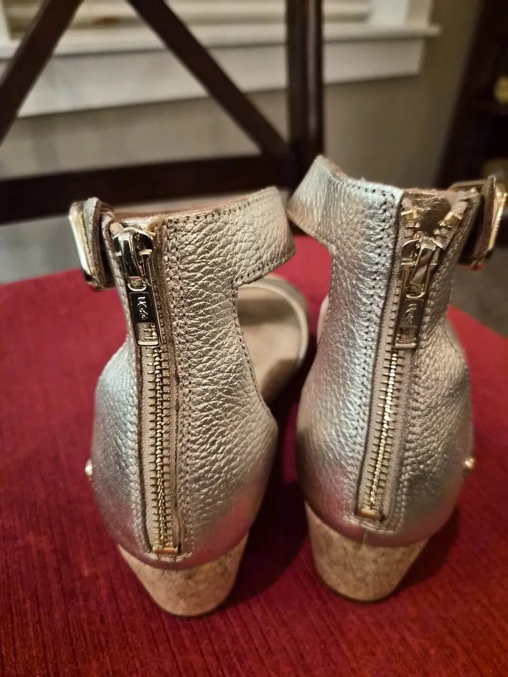 UGG Metallic Pale Gold Cork Wedge Sandals with Ankle Strap